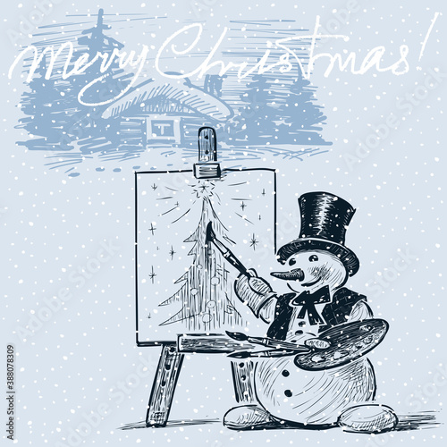 Christmas greeting card with snowman artist sketching outdoor in snowfall