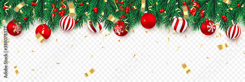 Festive Christmas or New Year Background. Christmas tree branches with holly berries, confetti and xmas balls. Holiday's Background. Vector illustration