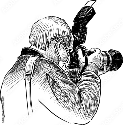 Freehand drawing of professional  fotographer in mask at a work