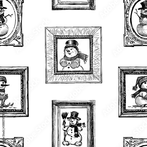 Seamless background of sketches cheerful christmas snowmen in decorative picture frames