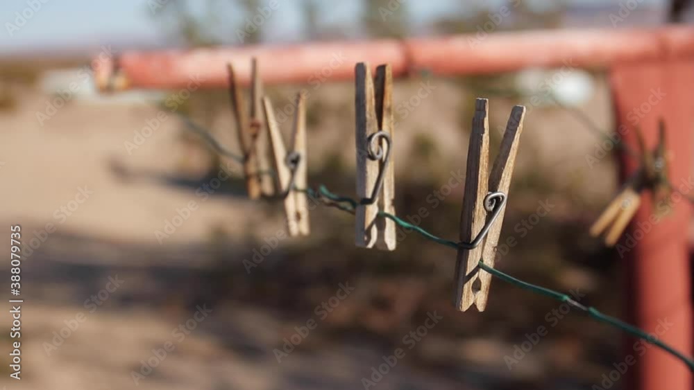Clothes Pins Moving on Laundry Line in Desert Joshua Tree