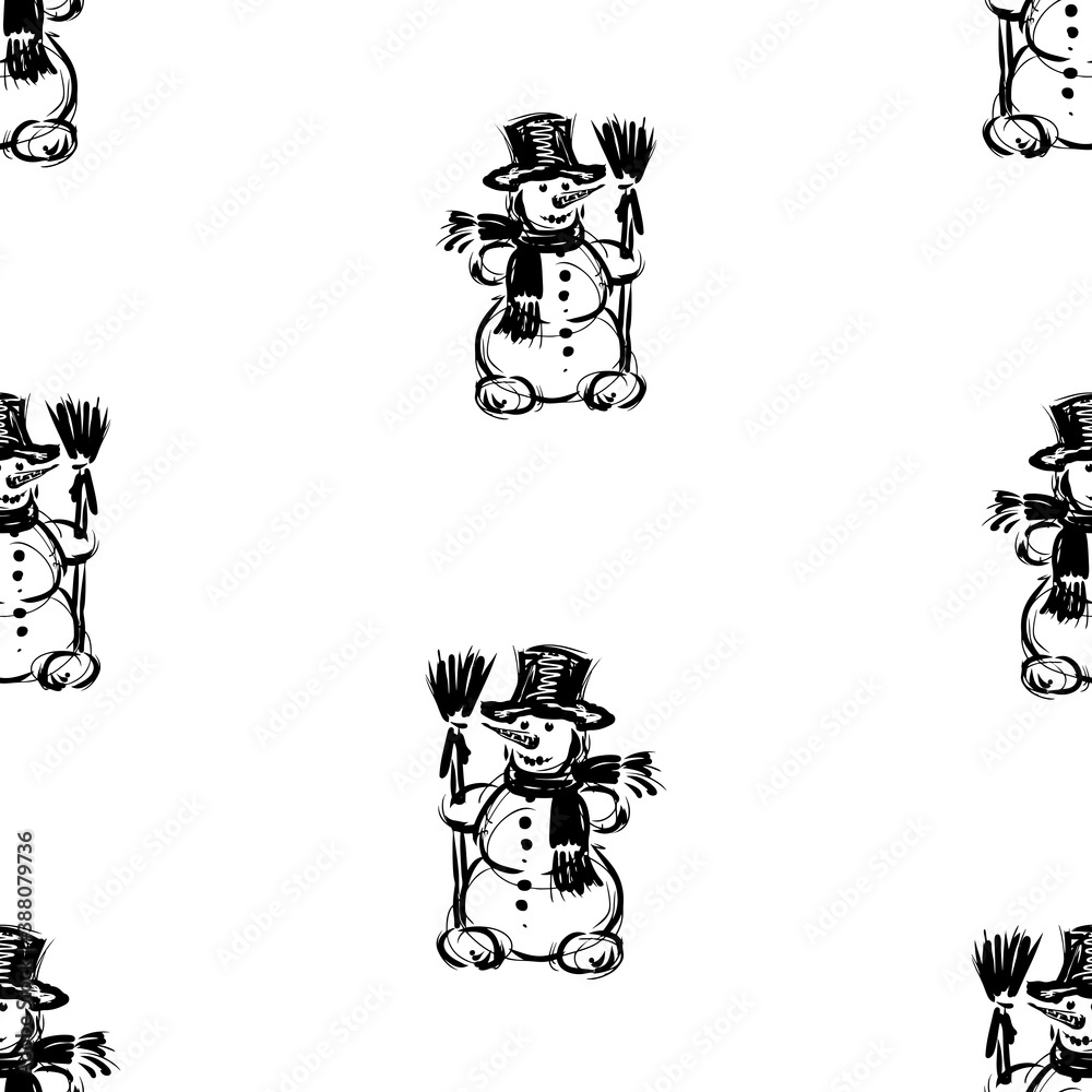 Seamless pattern of sketches cheerful snowmen with brooms Seamless pattern of sketches cheerful snowmen with brooms