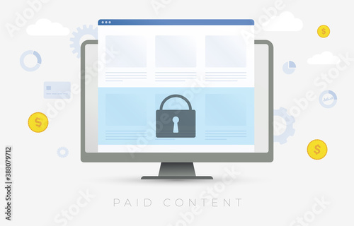 Paid Content vector illustration. Online internet paid content information - text on the news media, video, music, graphics, and downloads available only after payment. Pay After Reading (PAR) concept photo