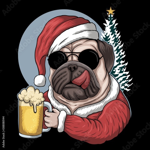 Pug dog beer wearing a santa costume for christmas vector illustration