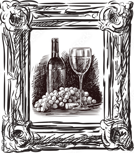 Sketch of still-life with grape wine in decorative picture frame