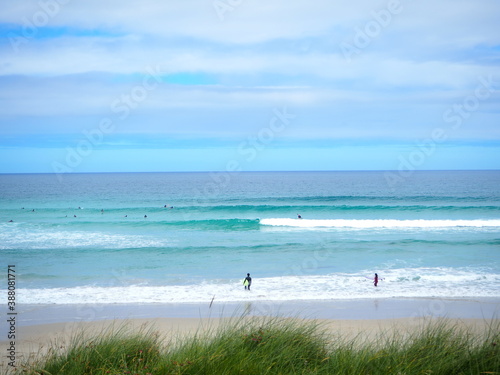 Beach and surfers.