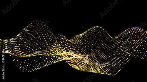 Sound wave from node. Gold interface big data flow. Copy space cover template. Vector swirl isolated flow.