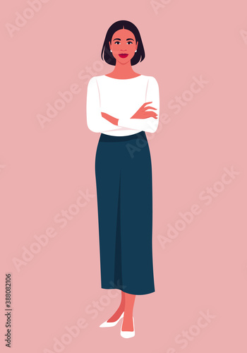 Portrait of a hispanic woman stands full-length with arms crossed. Popular office professions and business. Vector flat illustration