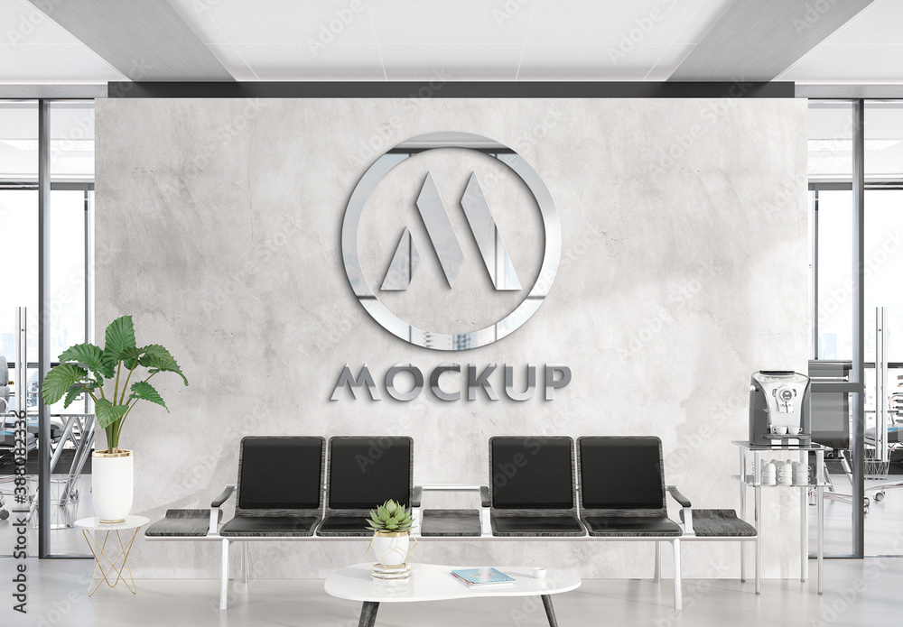 Reflective Metallic Logo on Office Wall Mockup Stock Template | Adobe Stock