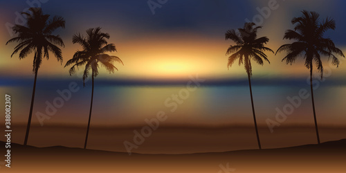 Fototapeta Naklejka Na Ścianę i Meble -  luxury holiday design with tropical sunset background and palm leaf vector illustration EPS10
