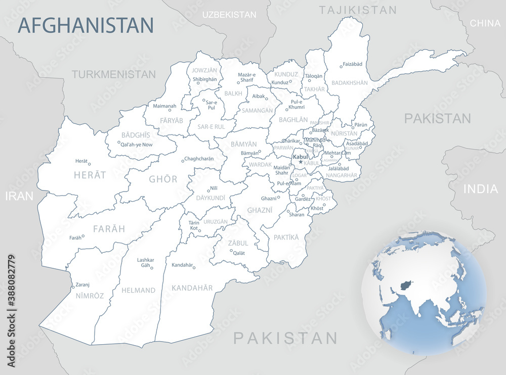 Blue-gray detailed map of Afghanistan administrative divisions and location on the globe.