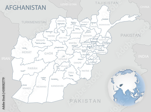 Fototapeta Naklejka Na Ścianę i Meble -  Blue-gray detailed map of Afghanistan administrative divisions and location on the globe.