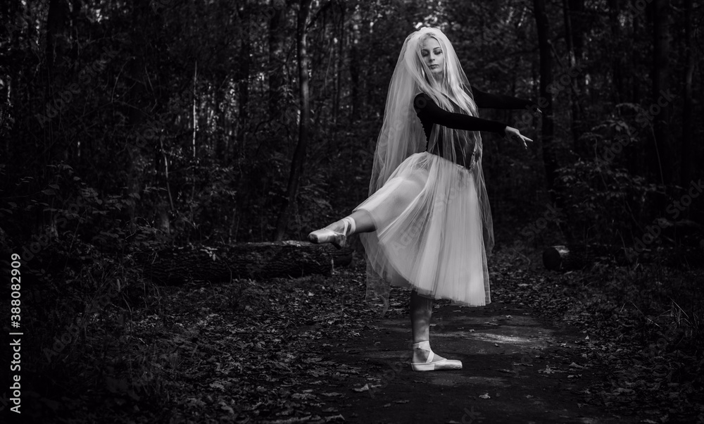 Young ballerina in ballet costume dancing at darkness breath of freedom. Concept of beautiful art dancing Young ballerina in ballet costume dancing at darkness breath of freedom. Concept of beautiful art dancing