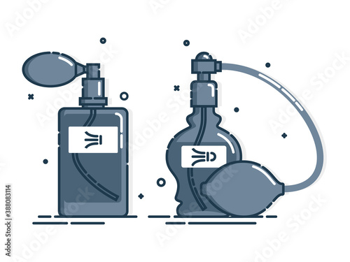 Two perfume bottle isolated icon on white background. Glamour container glass or plastic. Flat style design. Spray system. Female cosmetic business. Graphic outline object