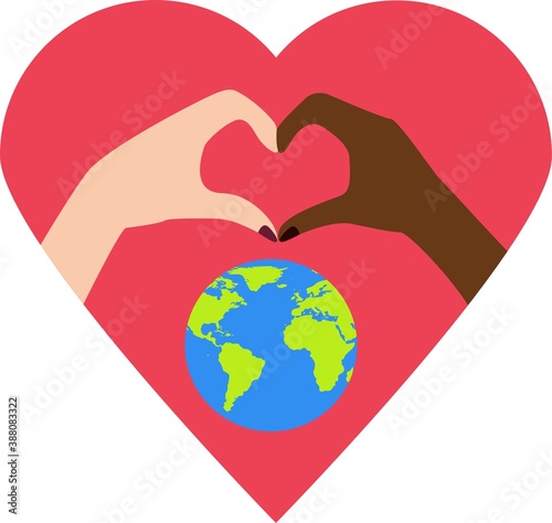 Hands Making or formatting a heart symbol icon. Love planet Еarth. International Friendship. Planet earth in the heart 