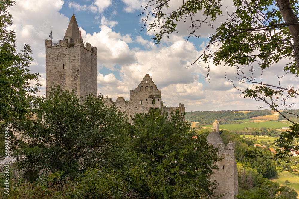 Panorama of the castle ruins Rudelsburg and Saaleck in the landscape and tourist area Saale valley on the river Saale near the world cultural heritage city of Naumburg, Saxony Anhalt, Germany