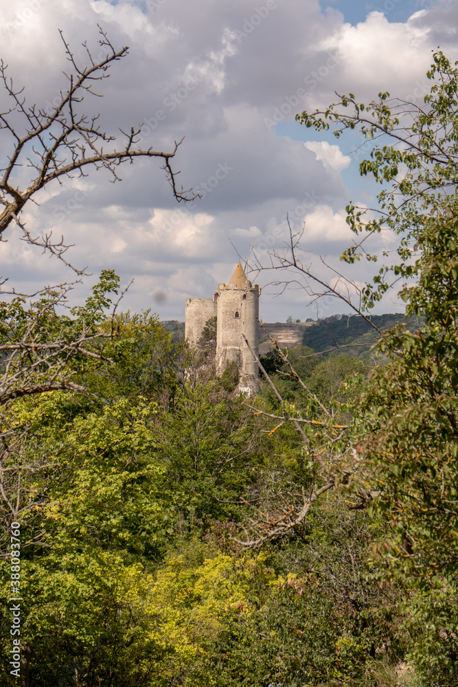 Panorama of the castle ruins Rudelsburg and Saaleck in the landscape and tourist area Saale valley on the river Saale near the world cultural heritage city of Naumburg, Saxony Anhalt, Germany Panorama of the castle ruins Rudelsburg and Saaleck in the landscape and tourist area Saale valley on the river Saale near the world cultural heritage city of Naumburg, Saxony Anhalt, Germany