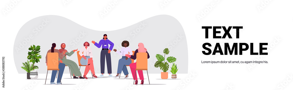 mix race women discussing during meeting female empowerment movement girl power union of feminists concept horizontal full length copy space vector illustration