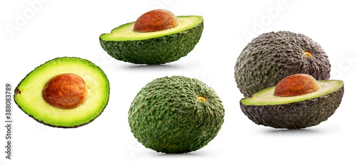 Fresh ripe avocado set isolated, full depth of field. Creamy raw vegetable design element composition, focus stacking, white background. Tasty whole and cut avocado, healthy food nutrition concept