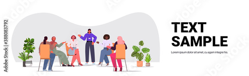 mix race women discussing during meeting female empowerment movement girl power union of feminists concept horizontal full length copy space vector illustration