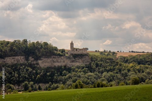 Panorama of the castle ruins Rudelsburg and Saaleck in the landscape and tourist area Saale valley on the river Saale near the world cultural heritage city of Naumburg, Saxony Anhalt, Germany