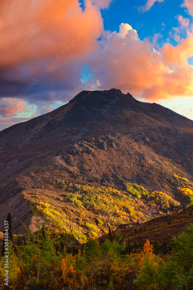 Beautiful View of Scenic Landscape on a Fall Season in Canadian Nature. Colorful Twilight Sky Artistic Render. Taken in Tombstone Territorial Park, Yukon, Canada.