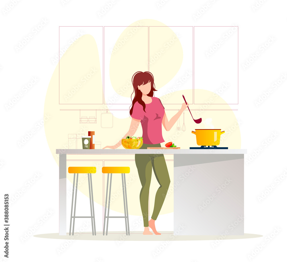 Woman preparing food in the kitchen. Pan with soup on the stove. Food blog, cooking, recipe, dinner, homemade food concept. Isolated vector illustration for poster, banner. Woman preparing food in the kitchen. Pan with soup on the stove. Food blog, cooking, recipe, dinner, homemade food concept. Isolated vector illustration for poster, banner.