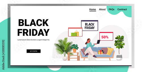 woman using laptop online shopping black friday big sale holiday discounts concept living room interior full length horizontal copy space vector illustration