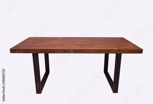 wooden lacquered table with black metal legs on white background 