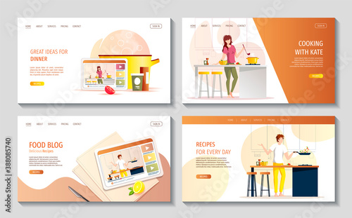 Set of web pages with people preparing food in the kitchen. Food blog, cooking, recipe, dinner, homemade food concept. Vector illustration for website, poster, banner.