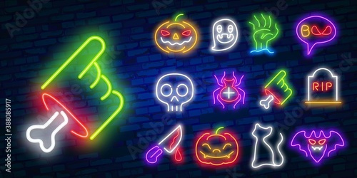 Big set icon neon sign. Happy Halloween. Neon sign, bright signboard, light banner. Set of neon stickers, pins, patches in Halloween neon style.