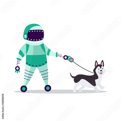 Robot walking with a pet dog flat isolated vector illustration