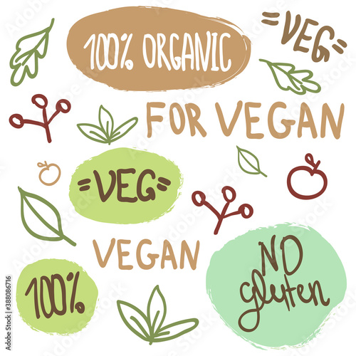 Hand Drawn Vegan Lettering 100 percent Organic NO Gluten Apple Leaves