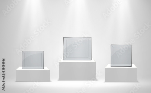 Realistic glass box or container on a white stand .Vector illustration.