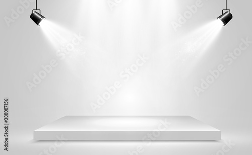 White podium or platform with spotlights. A pedestal for rewarding the winners.	
