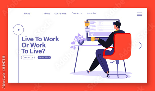 Concept for landing page template on workaholic, proper prioritization, separation of work and personal life theme. Man office worker at workplace sits at table with laptop, drinks coffee and works.