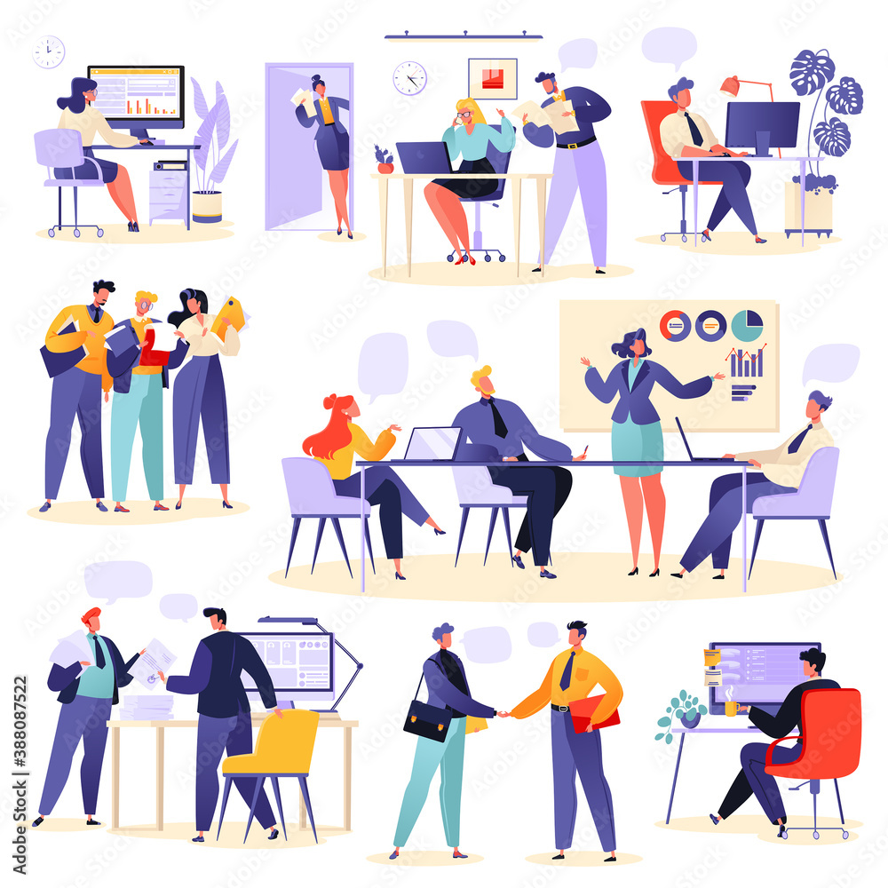 Collection of scenes in office. Set of men and women taking part in business meetings, brainstorming,  negotiations, talking to each other. People successfully organize assignments and appointments. 
