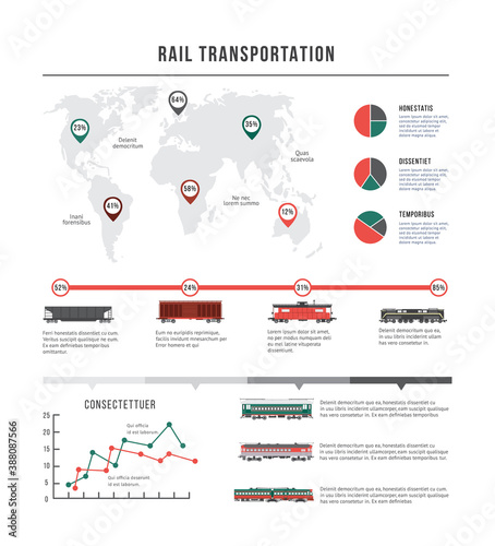 Vector banner with railway transport, world map, graphs, diagrams and text