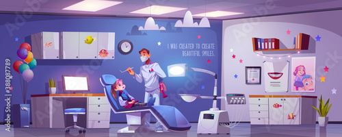 Dental room for kids with girl sitting in chair and doctor. Vector cartoon illustration with dentist and child patient in stomatology office in clinic or hospital. Kids tooth treatment and care