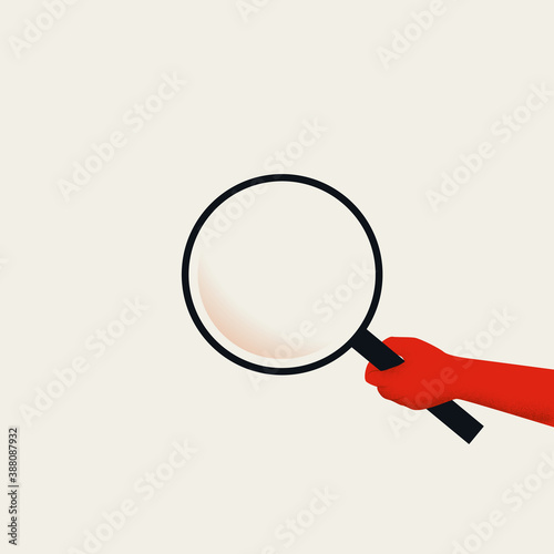 Business analysis, strategy, planning vector concept. Hand holding giant magnifying glass. Minimal art style.