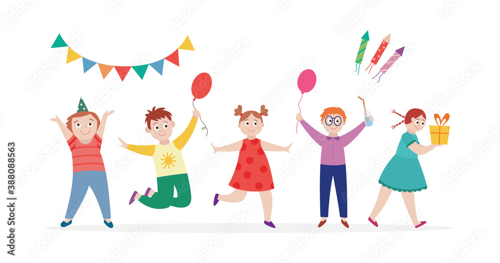 Happy children at birthday party, flat cartoon vector illustration isolated. Happy children at birthday party, flat cartoon vector illustration isolated.