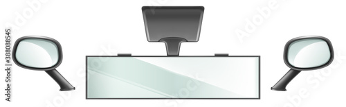 Rear view mirrors in black frame for vehicle interior. Vector realistic set of center and side rearview car mirrors isolated on white background. Automobile or truck equipment for safety driving