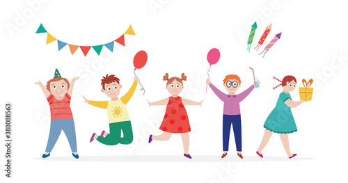 Happy children at birthday party, flat cartoon vector illustration isolated.