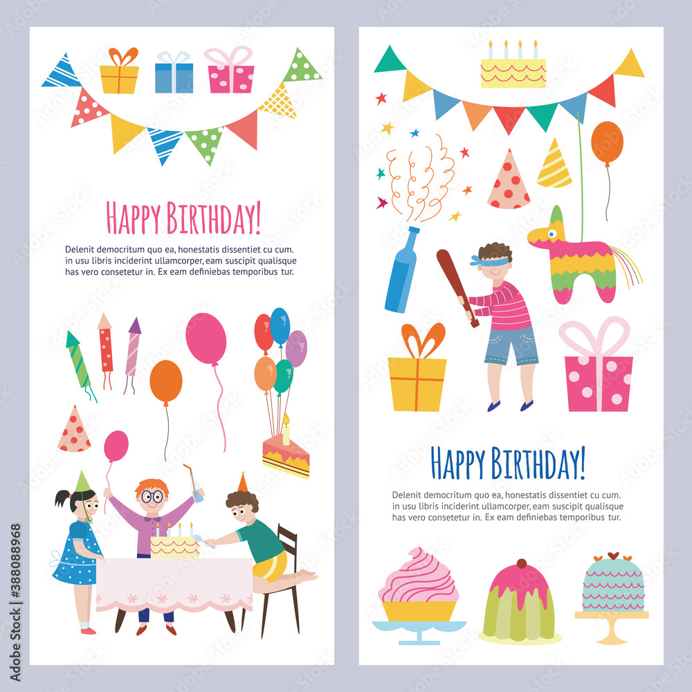 Fototapeta premium Two greeting cards with kids on celebration birthday party a vector illustration