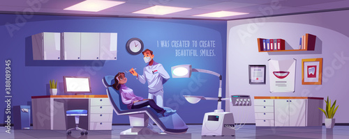 Dental room with woman sitting in chair and doctor. Vector cartoon illustration with dentist and girl patient in stomatology office in clinic or hospital. Tooth treatment and care concept