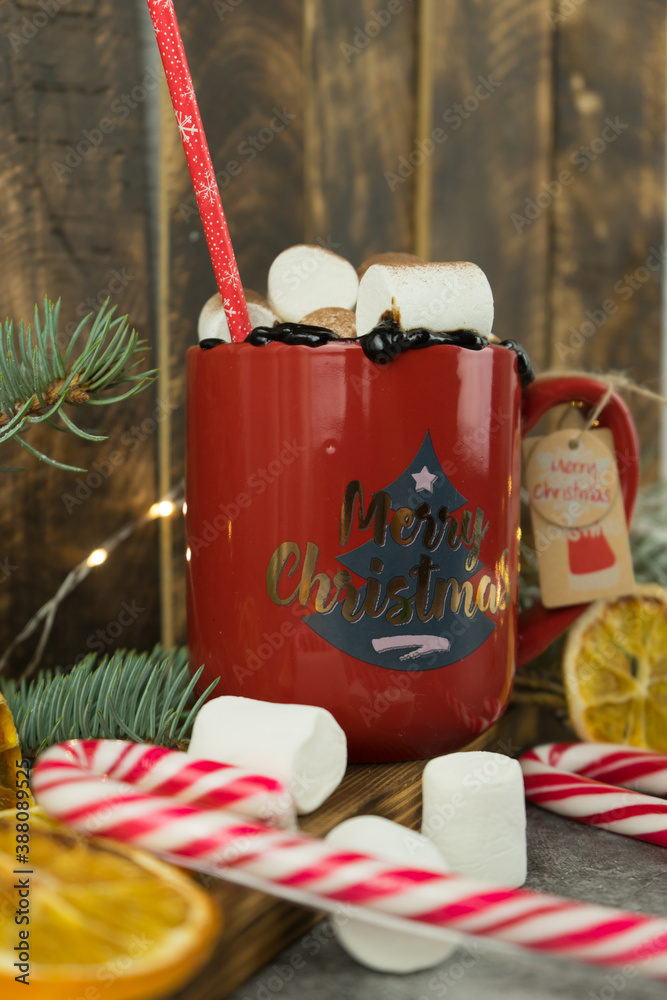 Cup of coffee on wooden christmas background