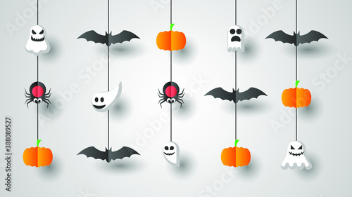 White Paper Cut Background Vector Halloween Spooky Scary Horror Holiday Elements Design Style Spider Bat Pumpkin