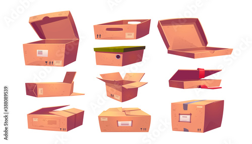Empty cardboard boxes different shapes isolated on white background. Vector cartoon set of brown package boxes for shipping parcels, shoes storage and delivery pizza