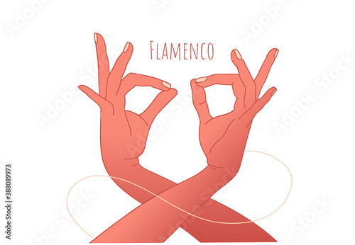 Flamenco dance concept. Beautiful graceful hands of a young dancer. Spanish culture. Flamenco festival vector template. Logo for dance studio.