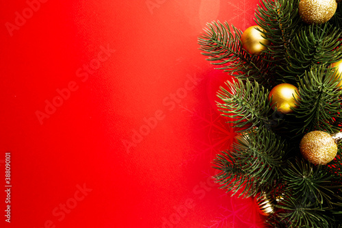 Christmas holidays composition on red background with copy space for your text